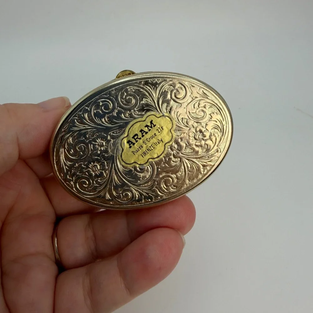 Vintage Aram Firenze Italy Porcelain Floral Trinket Pill Box Roses‎ Gold Tone